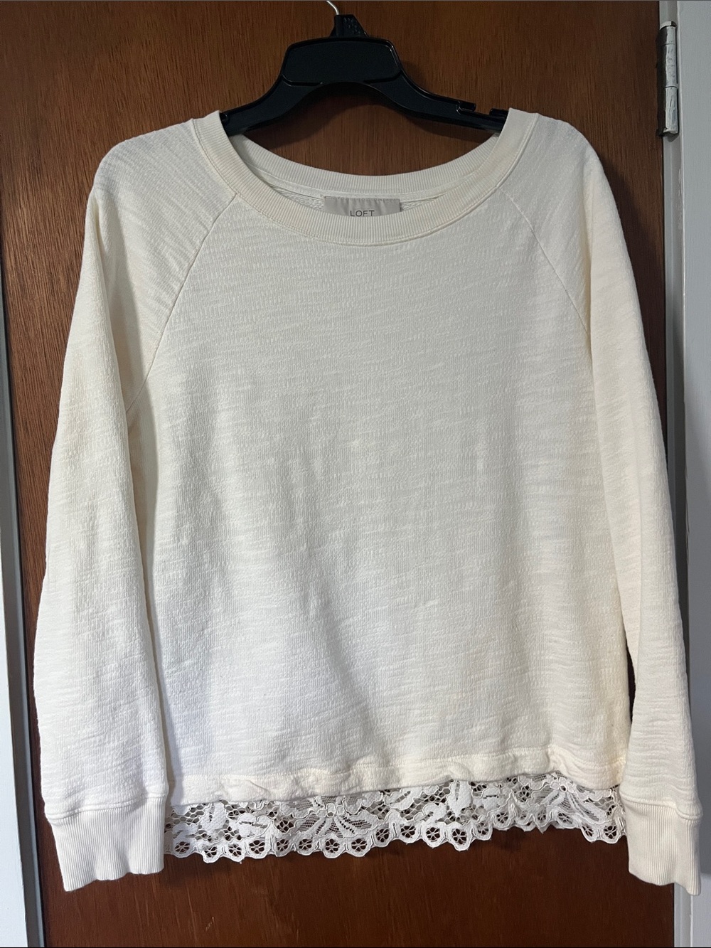 LOFT Ivory Lace-Hem Pullover Sweatshirt
